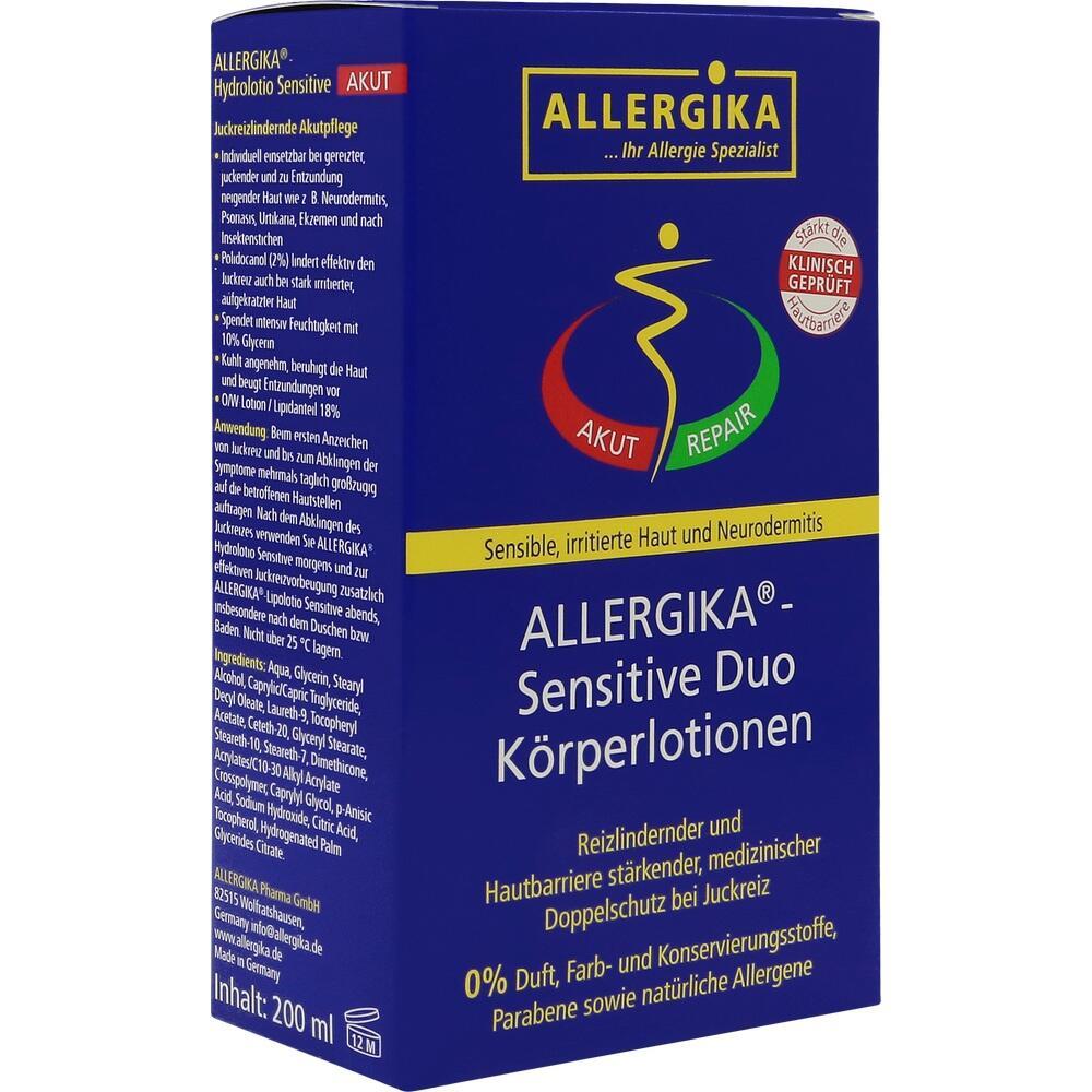 Blaue Packung von ALLERGIKA Sensitive Duo Lotion für gereizte Haut.
