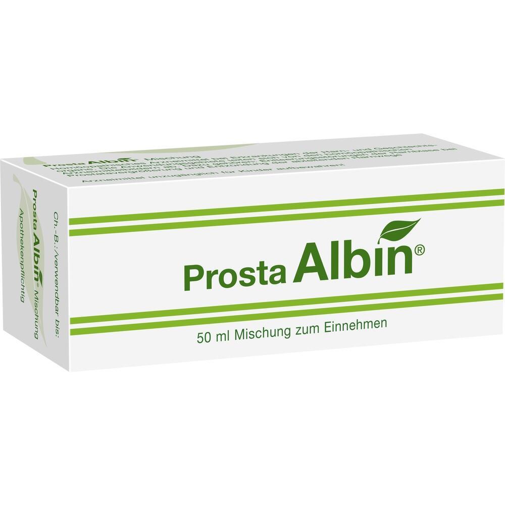 Weiße Verpackung mit grünem Text und dem Logo "ProstaAlbin".
