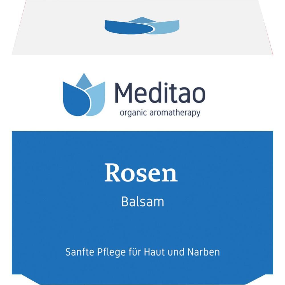 Blau-weiße Verpackung eines Rosenbalsams für sanfte Hautpflege.