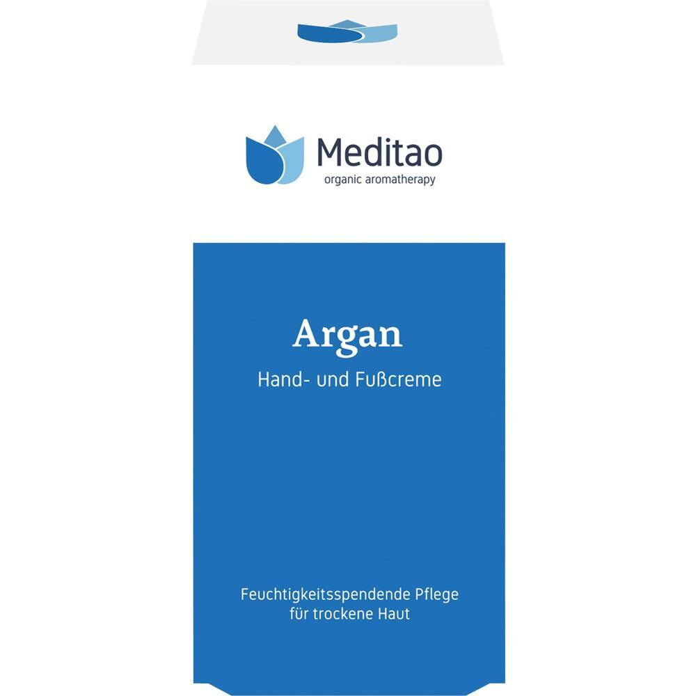 Verpackung einer Argon Hand- und Fußcreme für trockene Haut von Meditao.