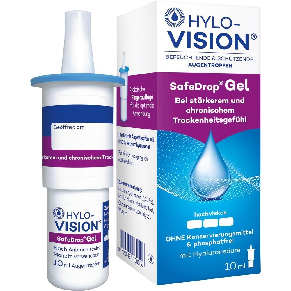Augentropfenflasche und Verpackung von Hylo-Vision SafeDrop Gel für trockene Augen.