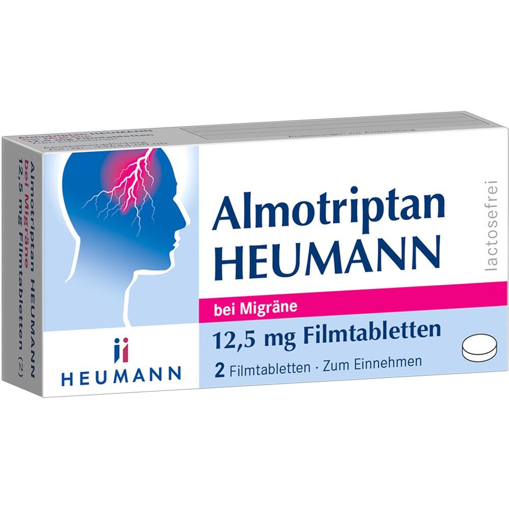 Verpackung von Migr&auml;netabletten Almotriptan Heumann, 12,5 mg, laktosefrei.