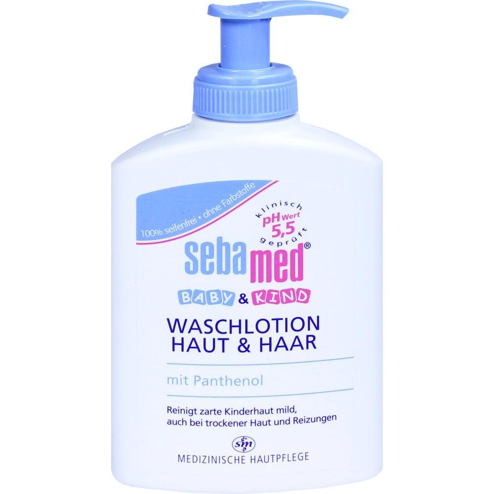 Eine Flasche Sebamed Baby & Kind Waschlotion für Haut und Haar mit einem blauen Spender.