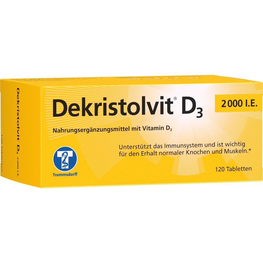 Gelbe Verpackung von Vitamin D3 Nahrungsergänzungsmittel mit 120 Tabletten.