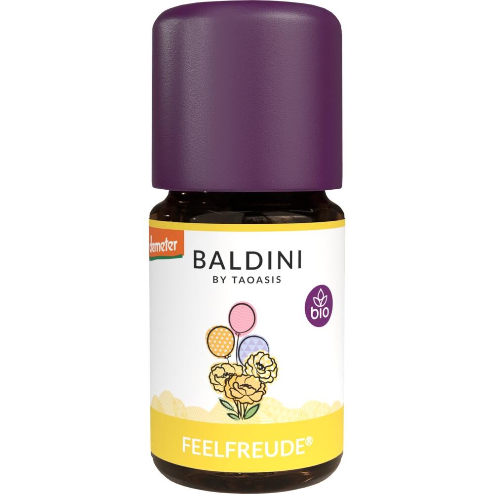 Braunes Fläschchen mit violettem Deckel, Etikett mit Blumen und Text "FEELFREUDE".