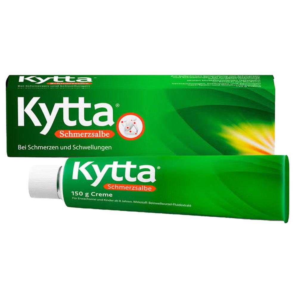Grüne Tube und Schachtel mit der Aufschrift "Kytta Schmerzsalbe".