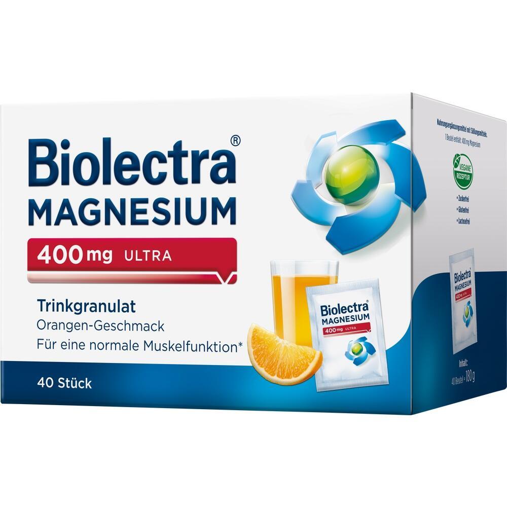 Verpackung eines Magnesium-Trinkgranulats mit Orangen-Geschmack f&uuml;r Muskelfunktion.