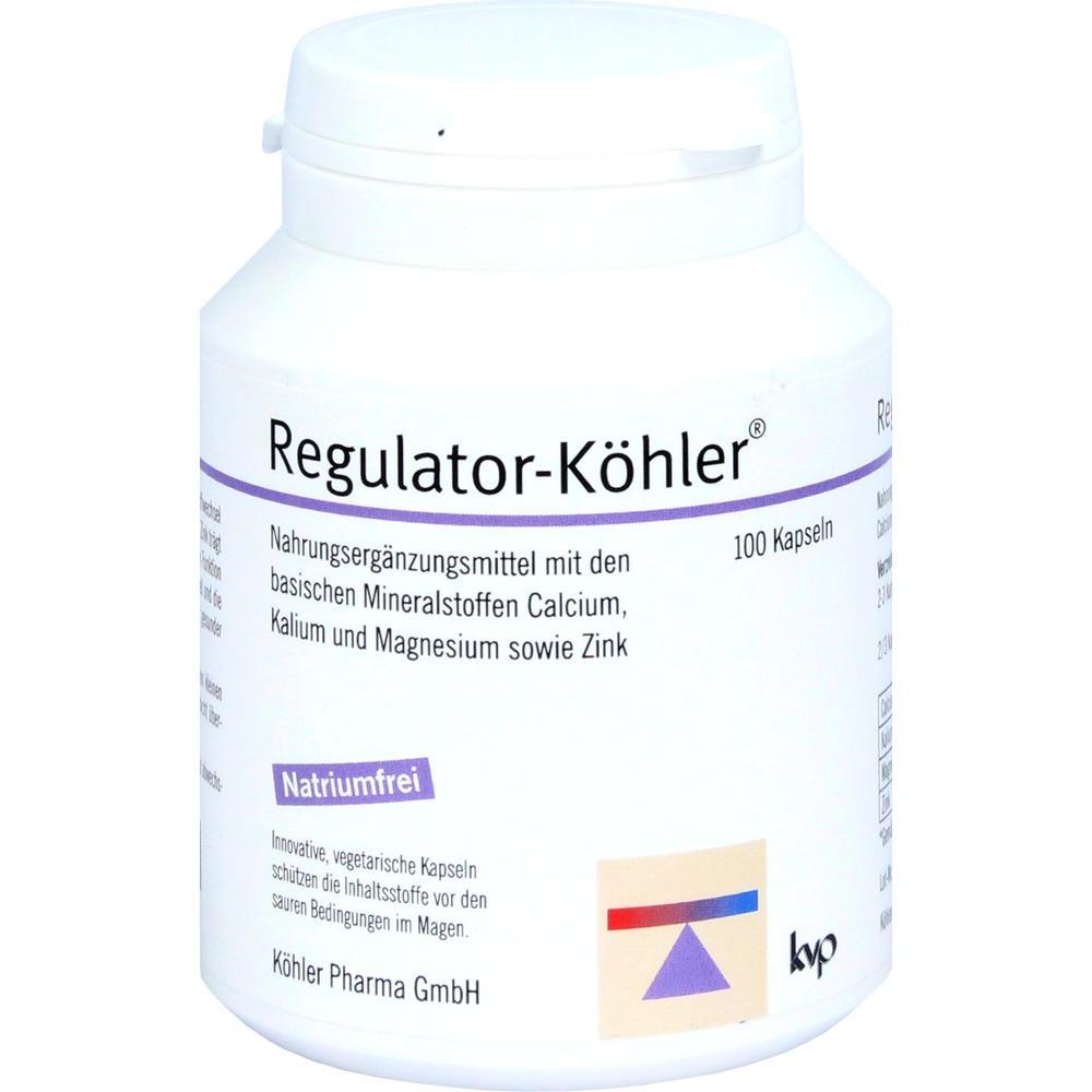 Wei&szlig;e Dose mit der Aufschrift "Regulator-K&ouml;hler", enth&auml;lt 100 Kapseln, natriumfrei.