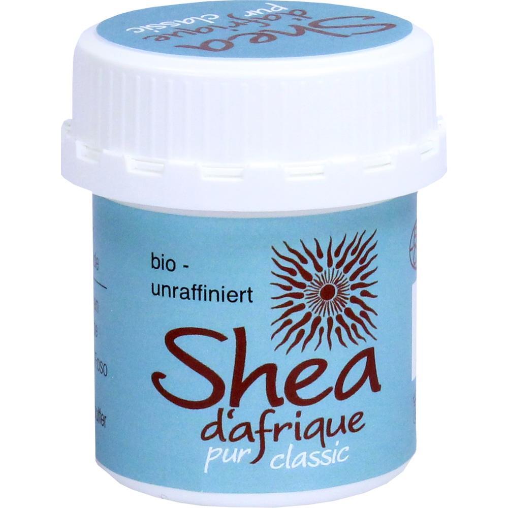 Kleiner, blauer Behälter mit weißem Deckel, Aufschrift "Shea d'afrique".
