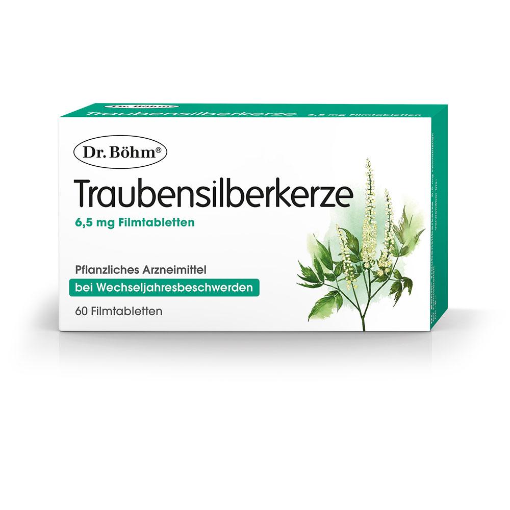 Schachtel mit Traubensilberkerze-Tabletten für Wechseljahresbeschwerden.