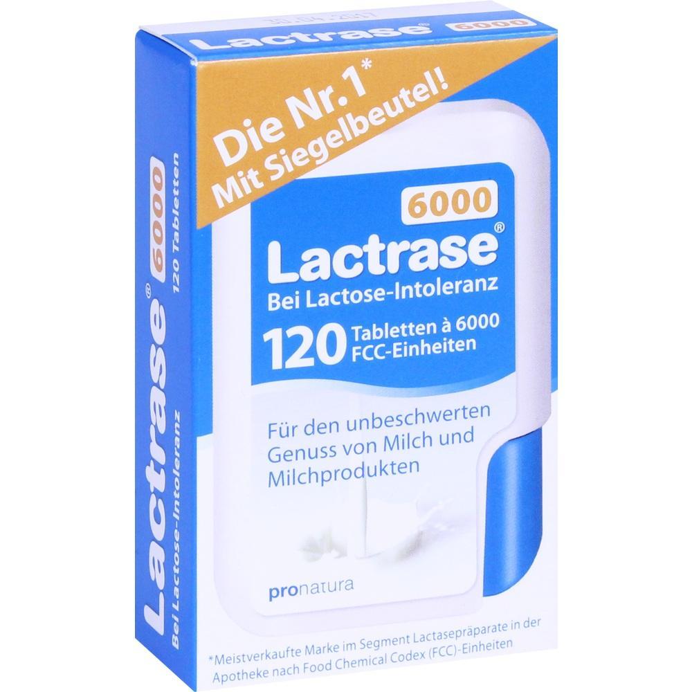 Eine Packung Lactrase-Tabletten für Menschen mit Laktose-Intoleranz.