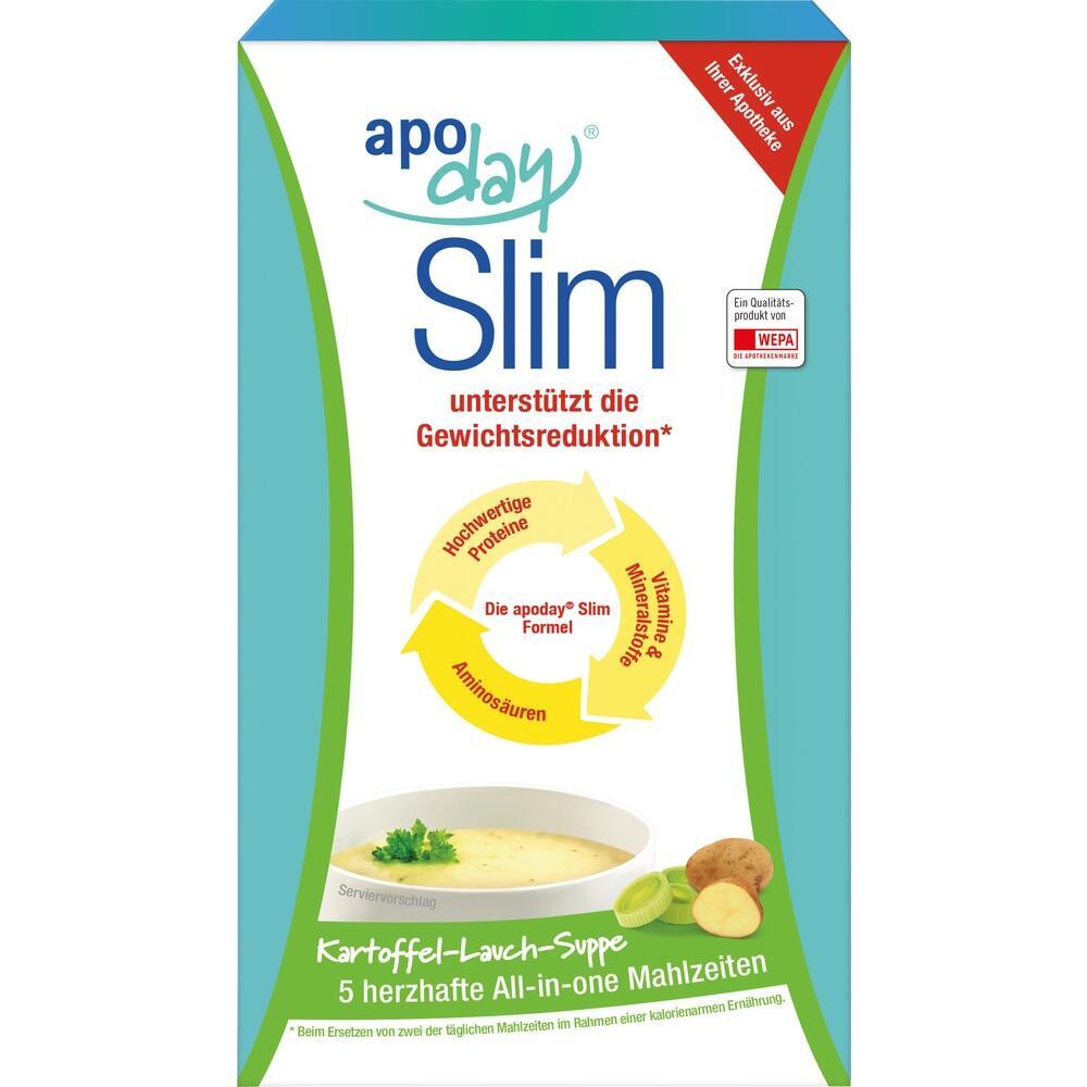 Die Verpackung zeigt eine Kartoffel-Lauch-Suppe zur Unterstützung der Gewichtsreduktion.