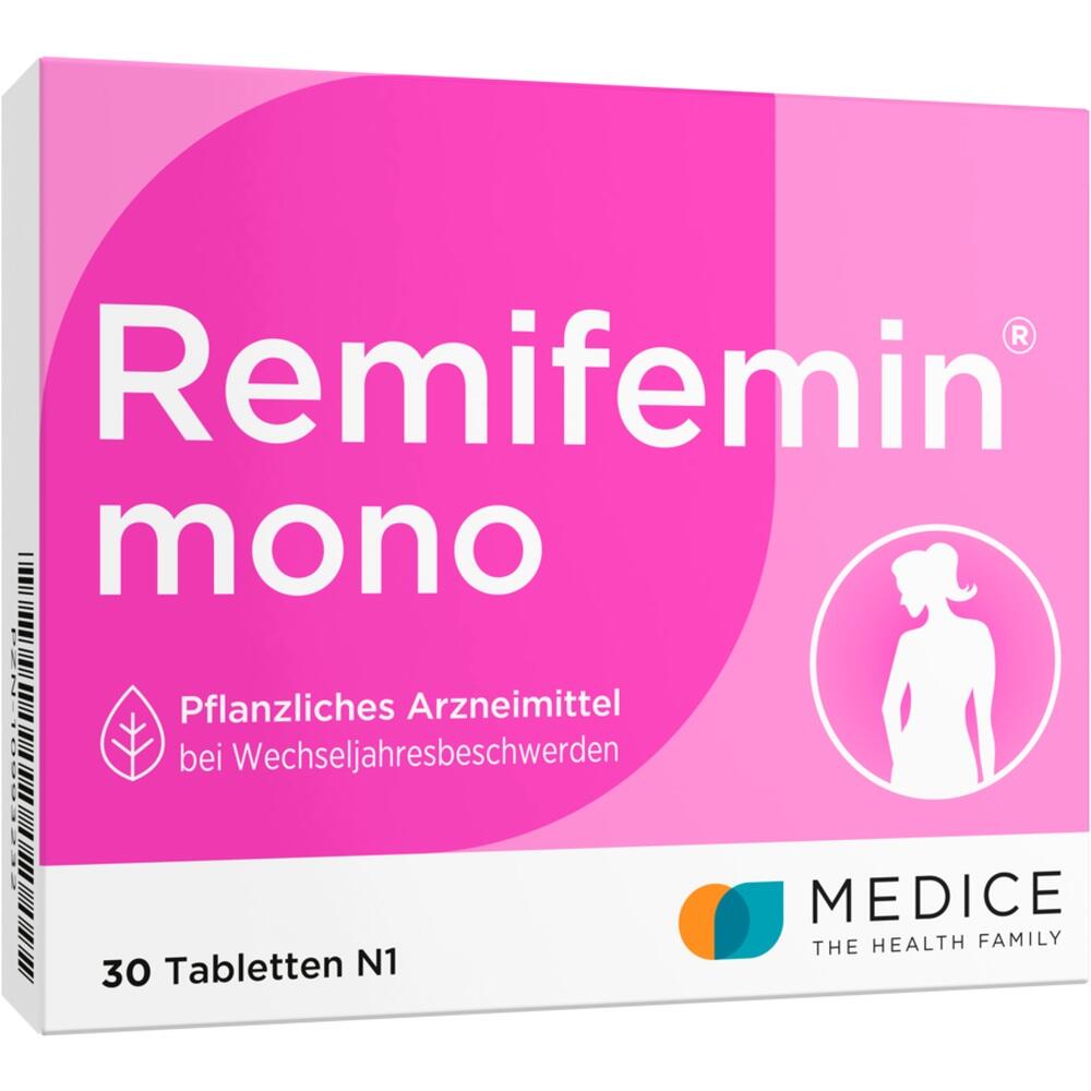 Packung mit Remifemin mono Tabletten für Wechseljahresbeschwerden.