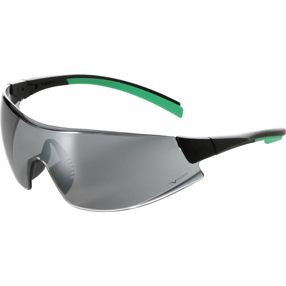 Graue Schutzbrille mit grünen Bügelenden.