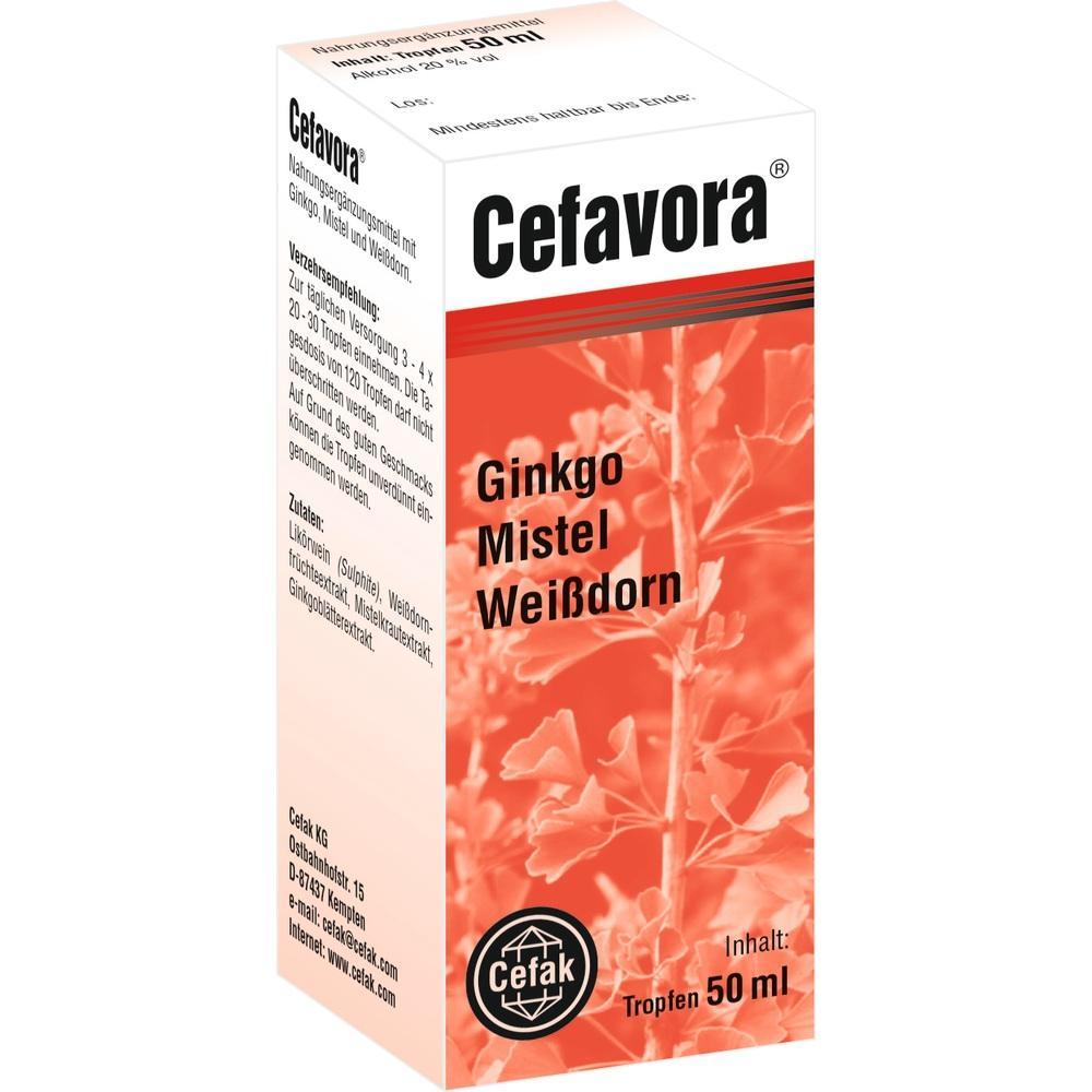 Rote Schachtel mit der Aufschrift "Cefavora" und enthaltene Pflanzen: Ginkgo, Mistel, Wei&szlig;dorn.