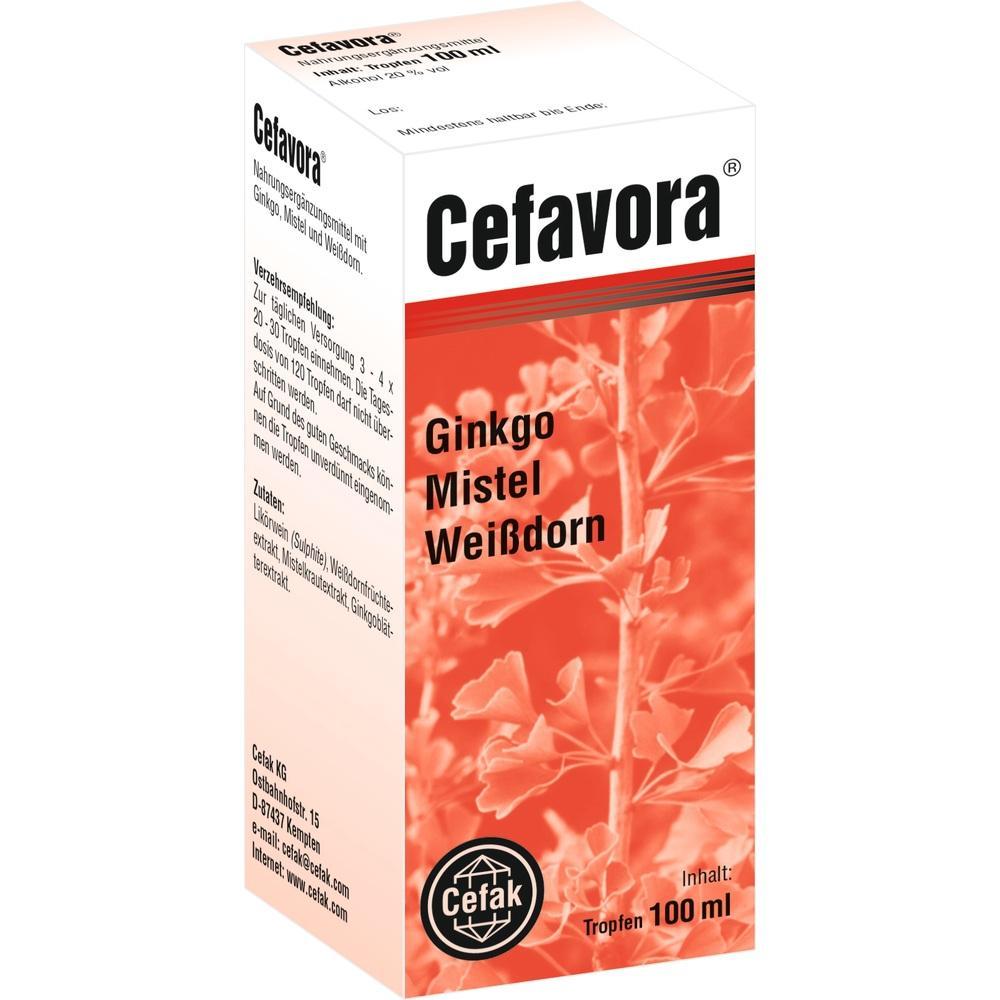 Ein rot-wei&szlig;er Karton mit der Aufschrift "Cefavora Ginkgo Mistel Wei&szlig;dorn".