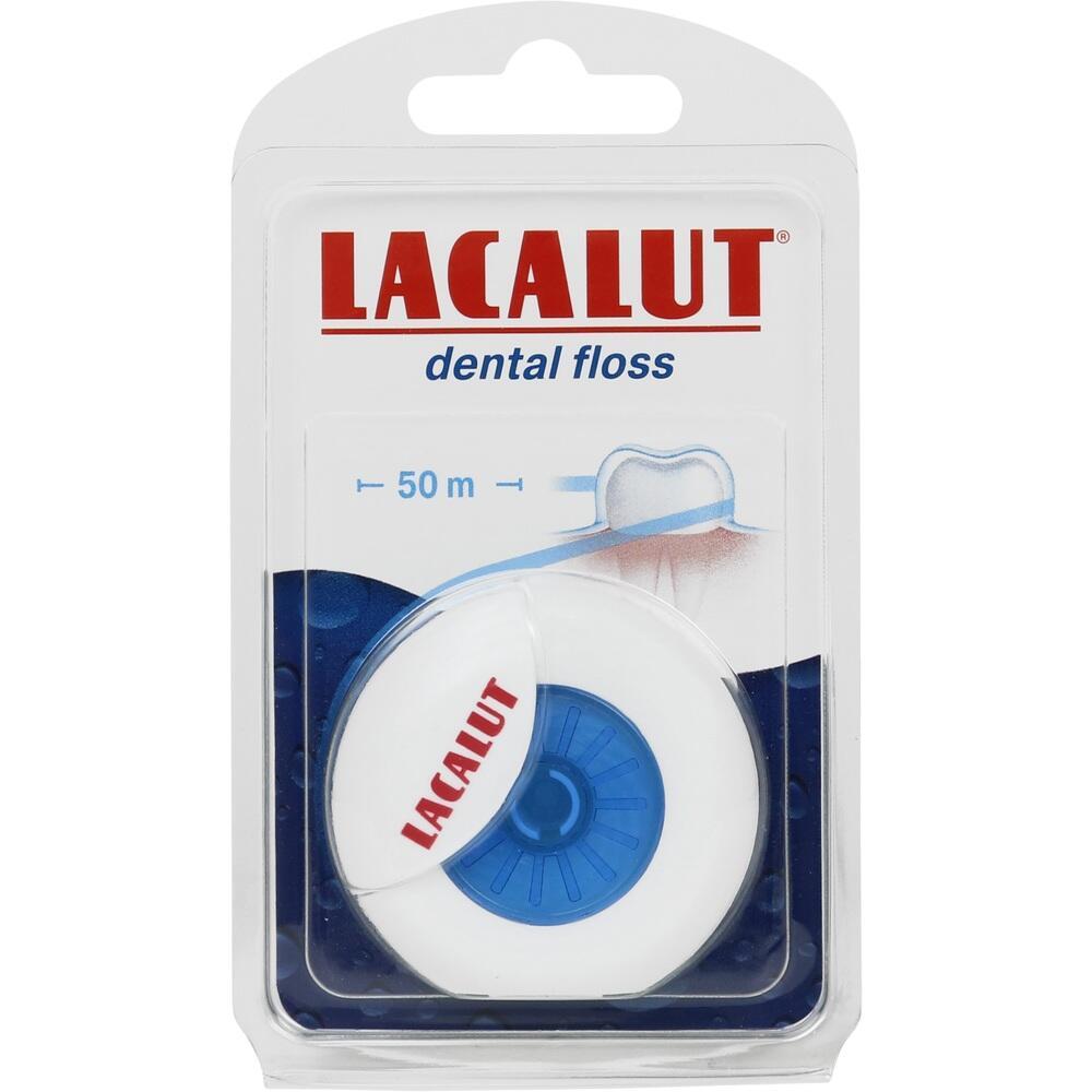 Verpackung von Zahnseide der Marke Lacalut mit 50 Metern Länge.
