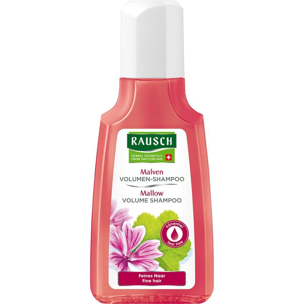 Rote Shampooflasche mit Malvenblüte für feines Haar.