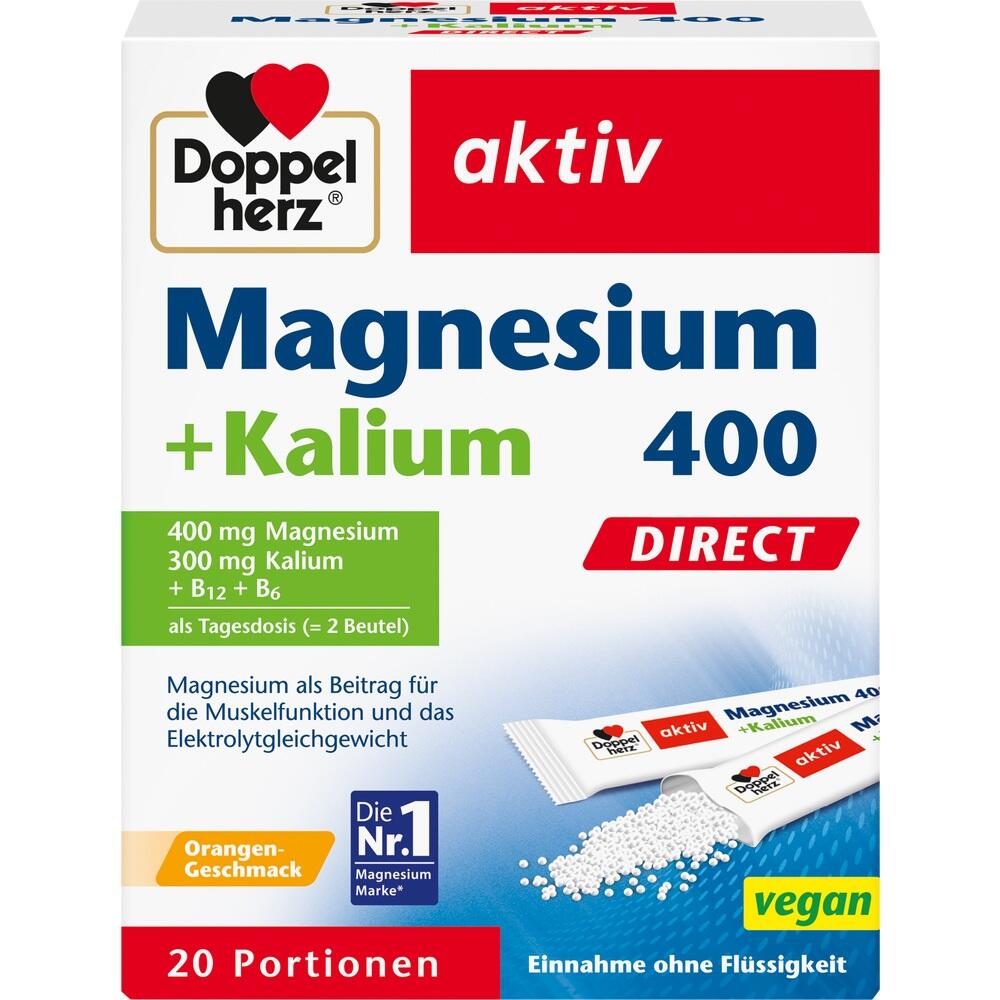 Verpackung von "Doppelherz aktiv Magnesium + Kalium" mit Orangen-Geschmack für Muskeln und Elektrolyte.