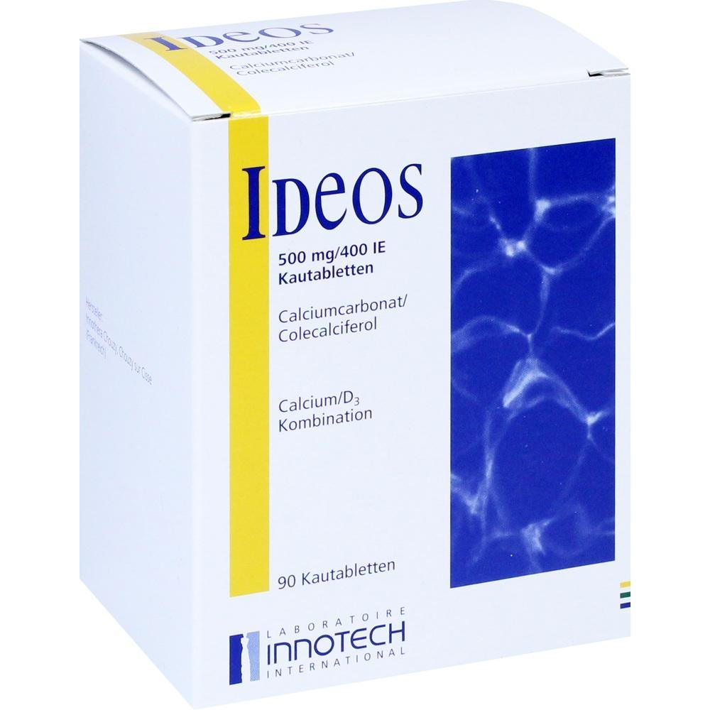 Wei&szlig;e Medikamentenschachtel mit der Aufschrift "Ideos" und einer blauen Musterfl&auml;che.