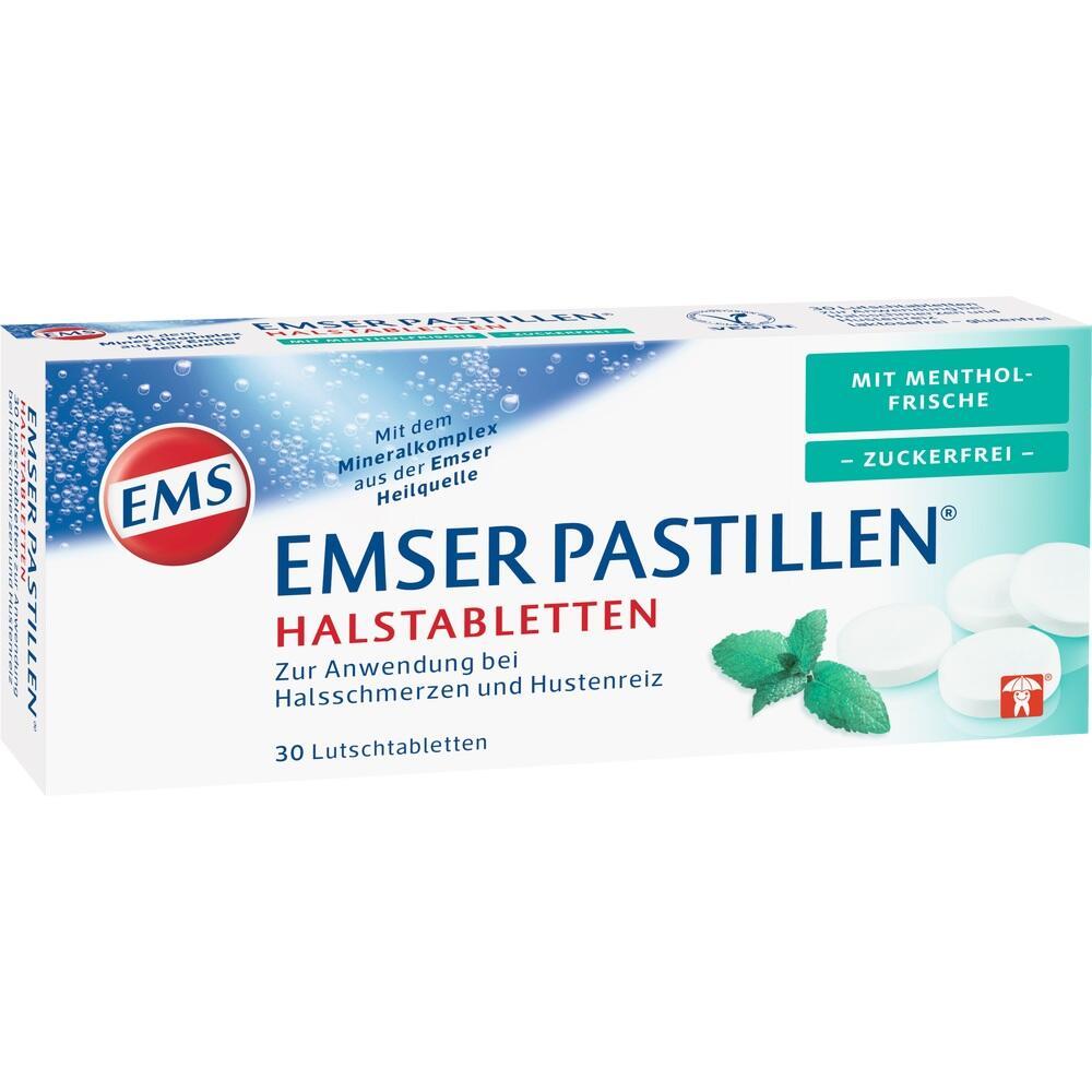 Verpackung von Emser Pastillen Halstabletten gegen Halsschmerzen, mit Menthol-Geschmack, zuckerfrei.