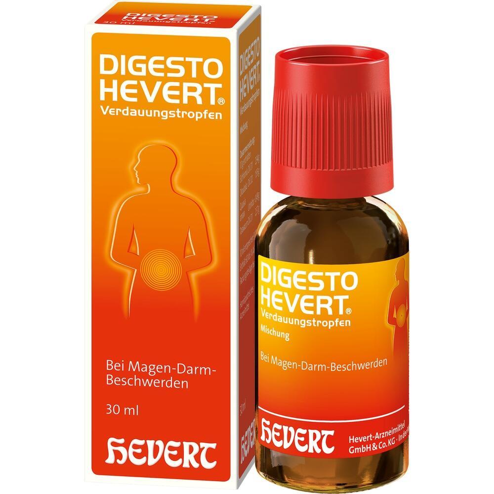 Braune Flasche und orange Schachtel mit Verdauungstropfen gegen Magen-Darm-Beschwerden.