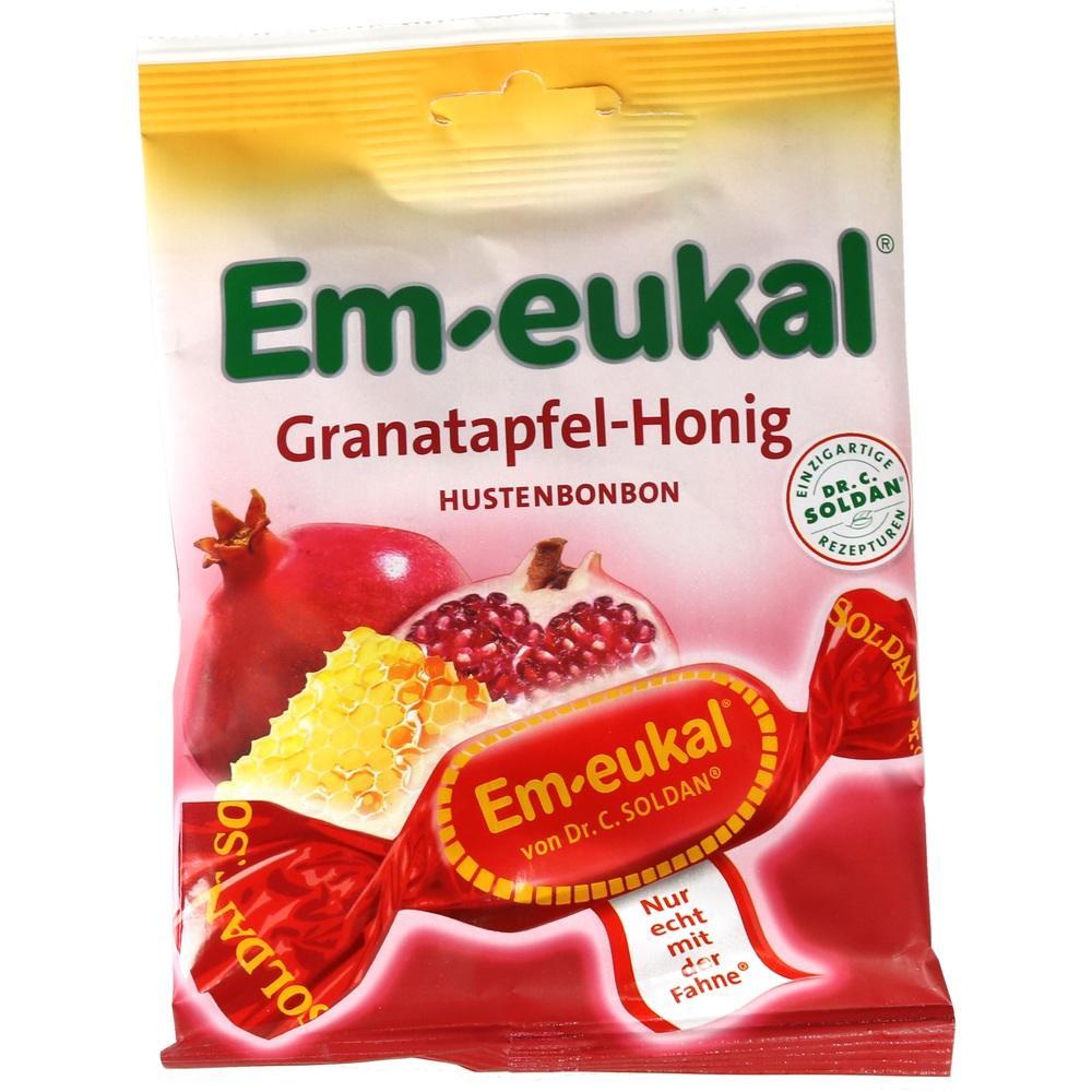 Tüte mit Em-eukal Hustenbonbons mit Granatapfel-Honig-Geschmack.