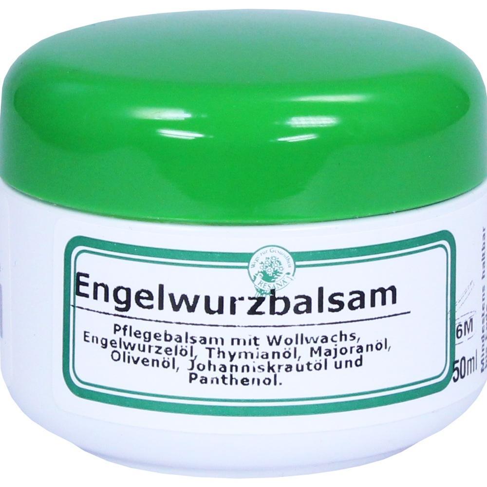 Ein kleiner Tiegel mit gr&uuml;nem Deckel und Aufschrift "Engelwurzbalsam".