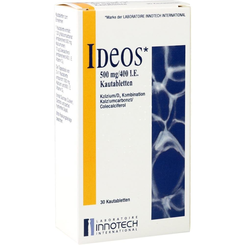 Wei&szlig;e Verpackung von Ideos Kautabletten mit blauem Muster und Text.