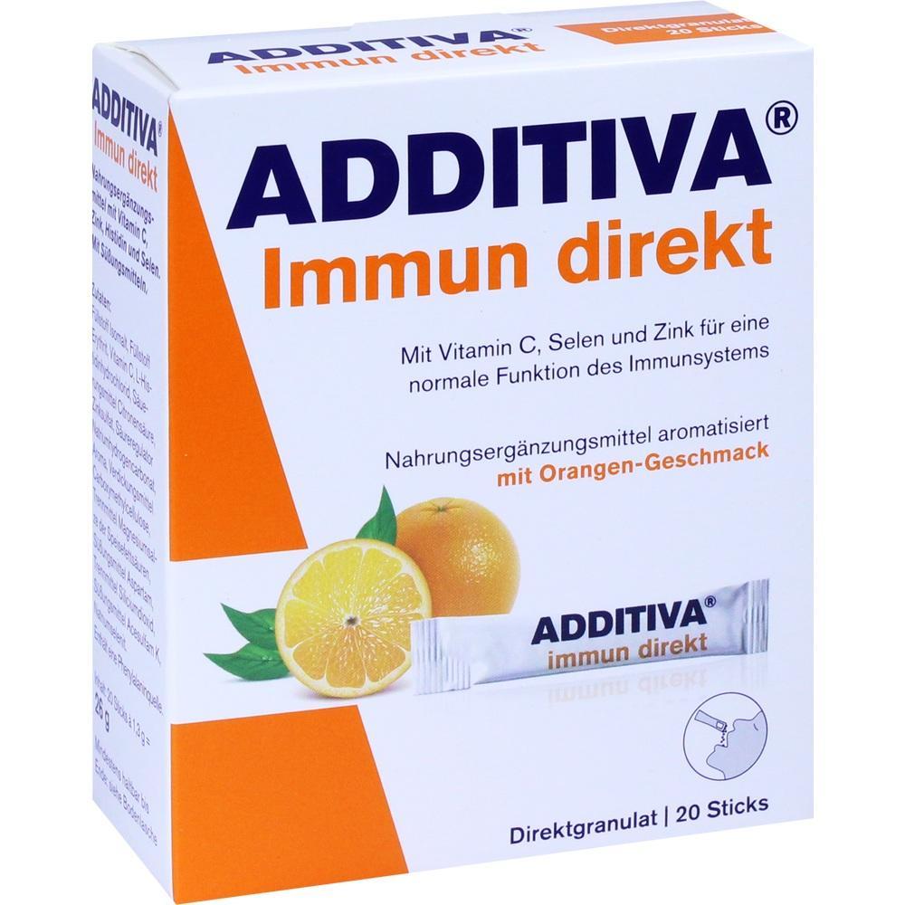 Orange-weiße Verpackung eines Nahrungsergänzungsmittels mit Orangen-Geschmack.