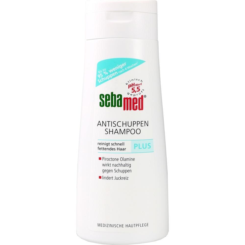 Weiße Shampooflasche von Sebamed gegen Schuppen.