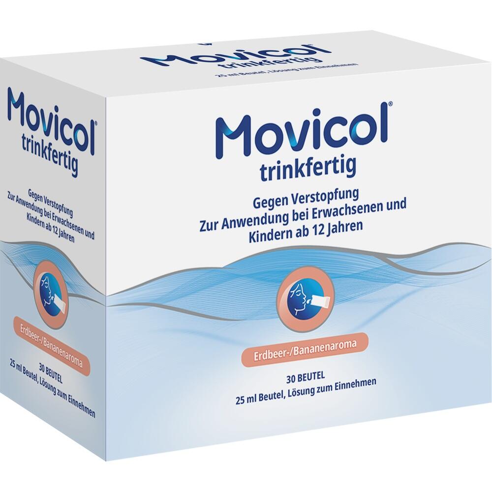 Verpackung von Movicol trinkfertig mit Erdbeer-Bananen-Geschmack gegen Verstopfung.