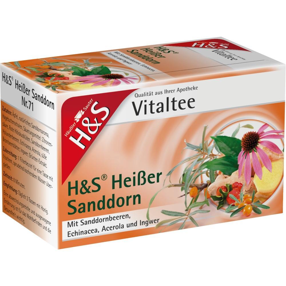Teepackung mit der Aufschrift "H&S Heißer Sanddorn", zeigt Pflanzen und Früchte.