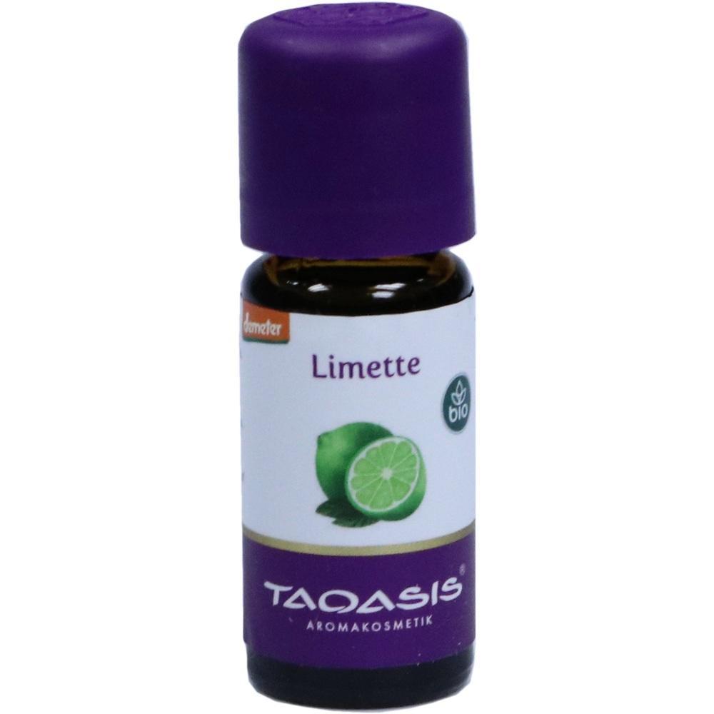 Kleines Fläschchen mit Limettenöl und lila Verschluss.