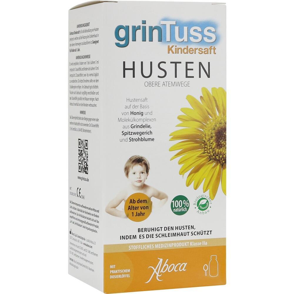 Hustensaft für Kinder ab einem Jahr, mit natürlichen Inhaltsstoffen und Sonnenblume auf der Packung.