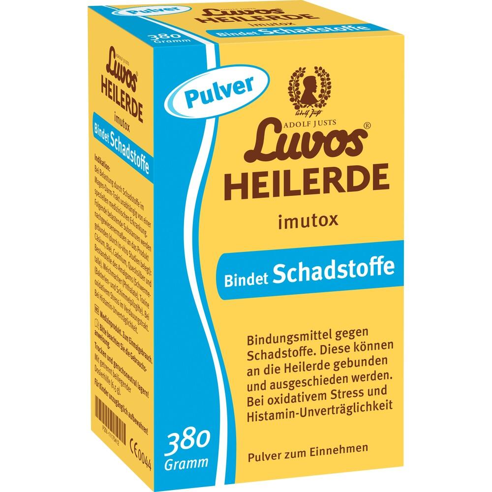 Gelbe Packung mit Heilerde-Pulver, das Schadstoffe binden soll.