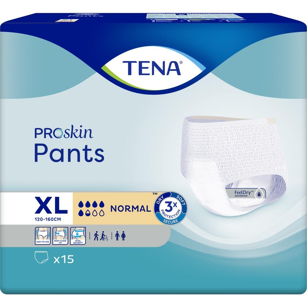 Packung TENA Proskin Pants XL mit 15 Einweg-Windeln für Erwachsene.