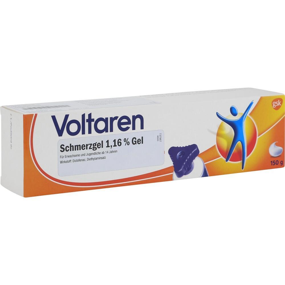 Wei&szlig;e Verpackung von Voltaren Schmerzgel 1,16 % mit bunter Figur links.