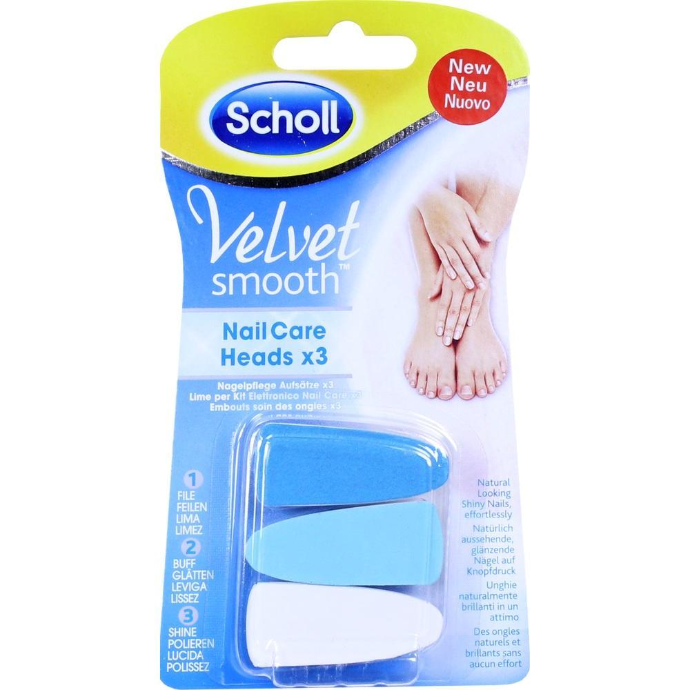 Drei Nagelpflege-Aufsätze in blau und weiß in einer Scholl-Verpackung.