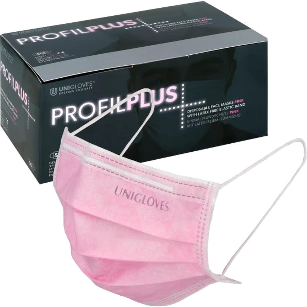 Eine rosa Einwegmaske und ihre Verpackung mit Aufschrift in Englisch und Deutsch.
