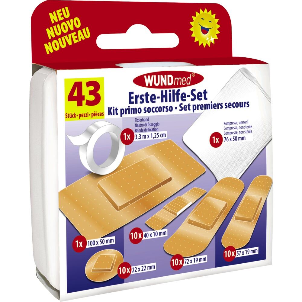 Erste-Hilfe-Set mit Pflastern, einer Kompresse und Fixierband in bunter Verpackung.