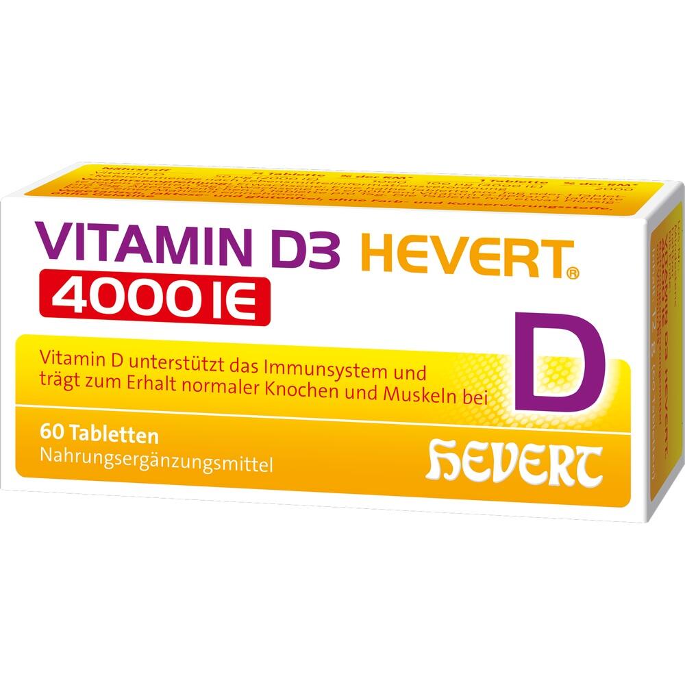 Gelbe Schachtel Vitamin D3 Hevert Tabletten, unterstützt Immunsystem und Knochen.