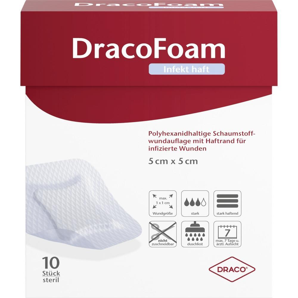 Verpackung von DracoFoam, einer Wundauflage für infizierte Wunden, 5 cm x 5 cm.