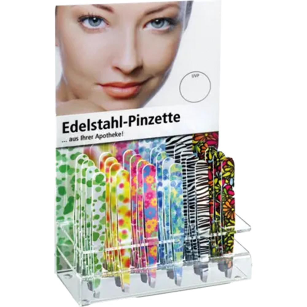 Ein Display mit bunten Edelstahl-Pinzetten in verschiedenen Mustern.