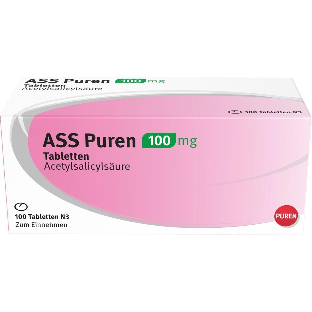 Eine rosa Packung mit 100 mg Acetylsalicylsäure-Tabletten.