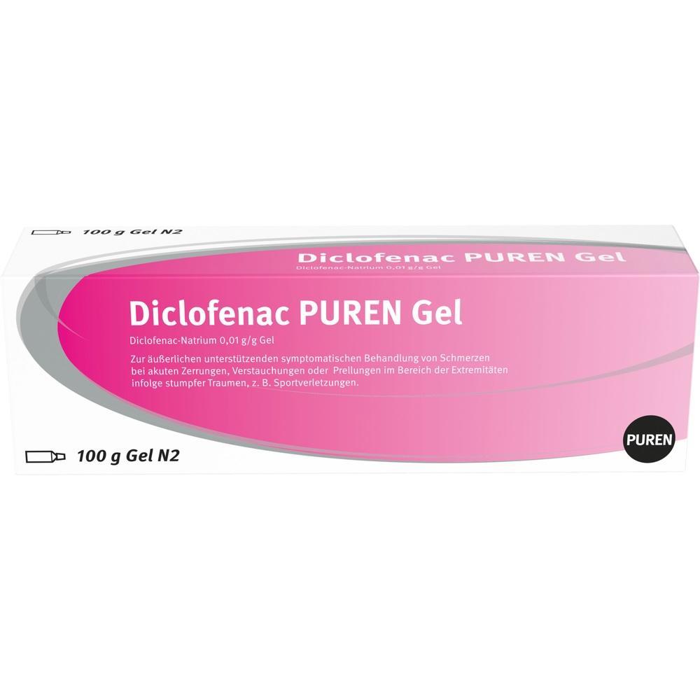 Eine pinke Packung mit der Aufschrift "Diclofenac PUREN Gel".