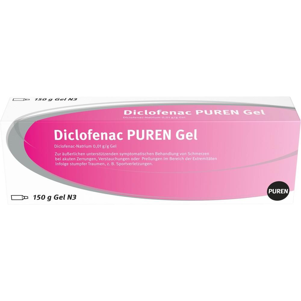 Eine rosa Schachtel mit Diclofenac PUREN Gel zur Schmerzbehandlung.