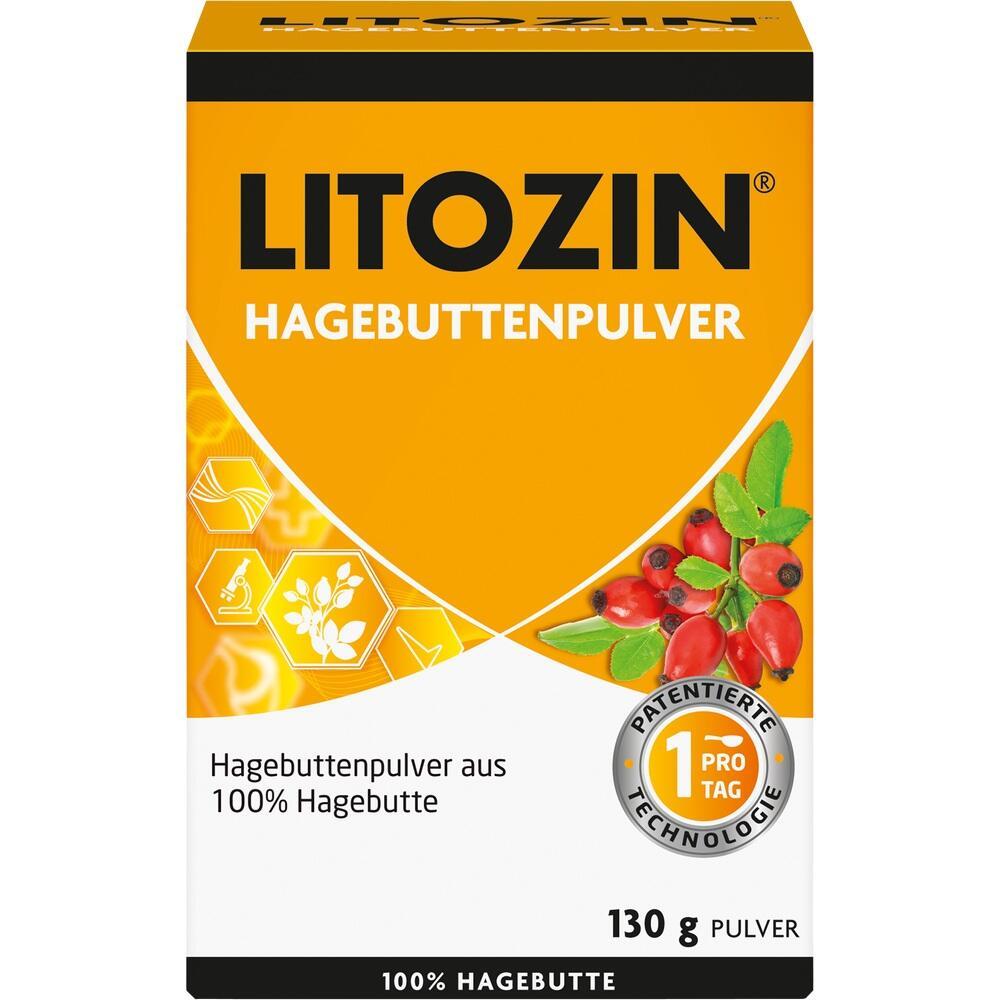 Die Verpackung zeigt Litozin Hagebuttenpulver, hergestellt aus 100% Hagebutte.