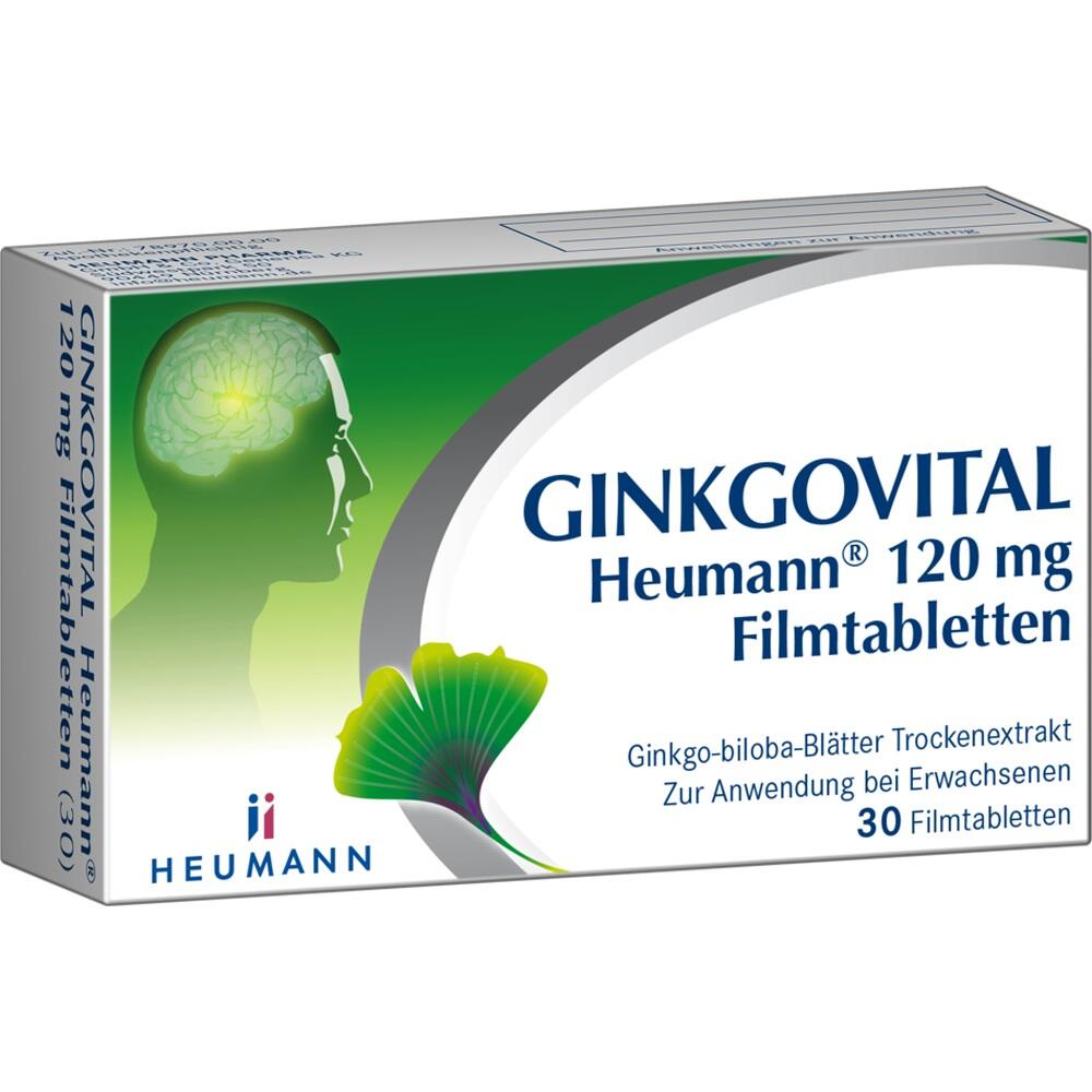 Verpackung von Ginkgo-Tabletten mit gr&uuml;nem Blatt und Kopf-Silhouette.
