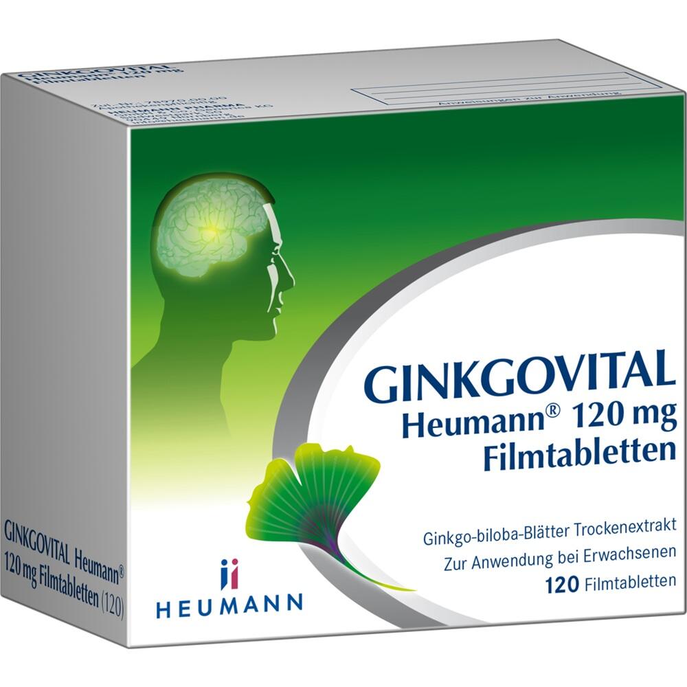 Die Packung zeigt Ginkgovital Tabletten mit einem Gehirn und Ginkgo-Blatt auf gr&uuml;nem Hintergrund.